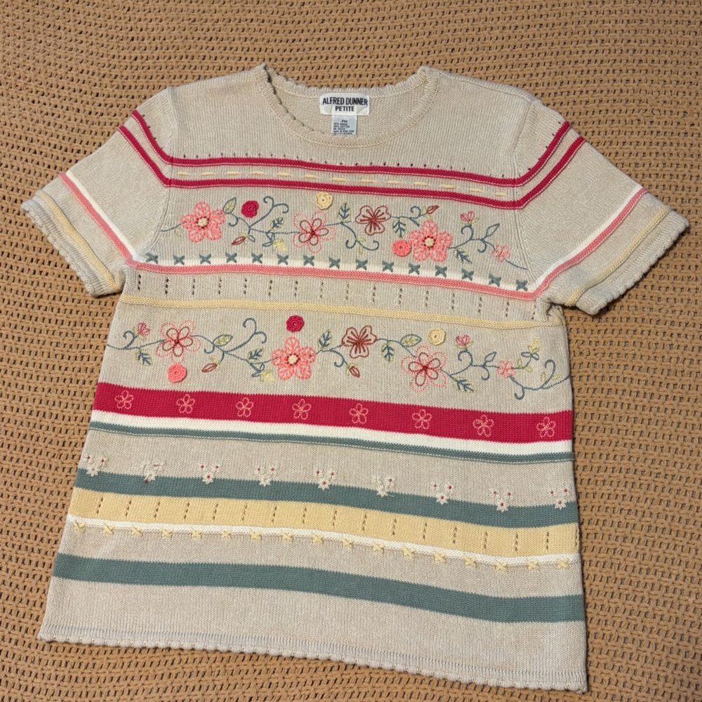 Alfred Dunner Cream Knit Floral Stripe Top with Pink & Teal Accents